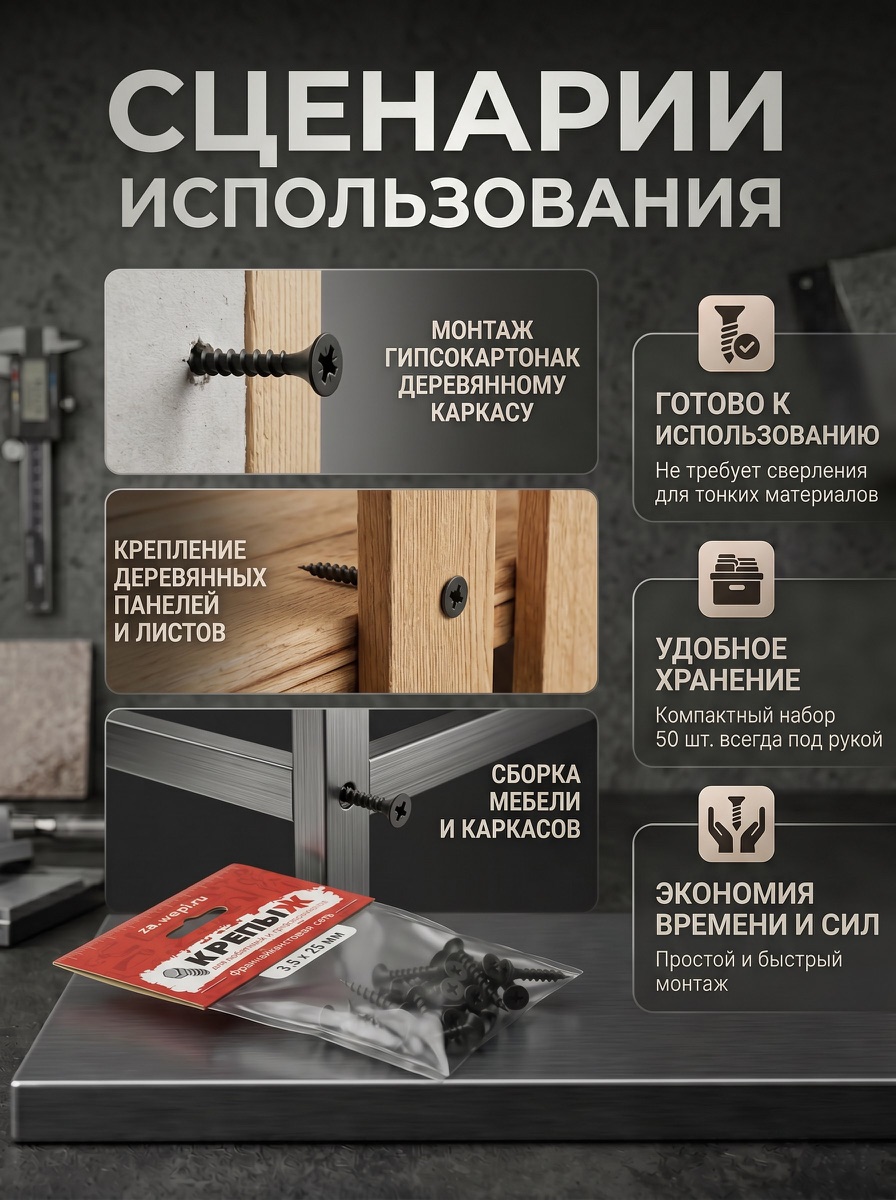 Слайд со сценариями использования саморезов