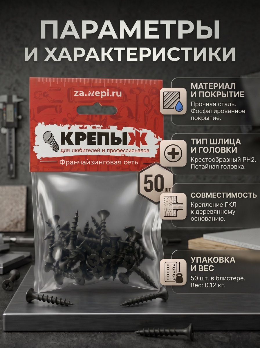 Слайд с параметрами и характеристиками саморезов